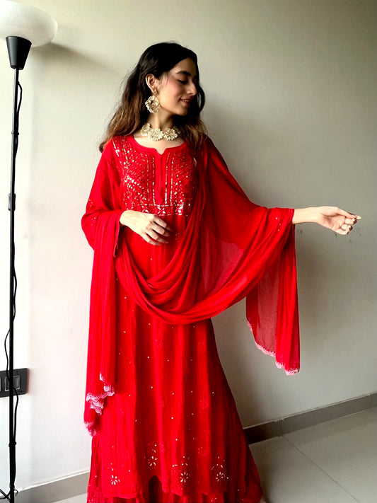 Blood red premium georgette 3-piece set by LVW Fashion Luxurious Chikankari, featuring intricate details and elegant design.