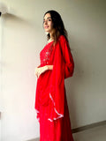Blood red premium georgette 3-piece set by LVW Fashion, featuring intricate chikankari embroidery and luxurious fabric details.