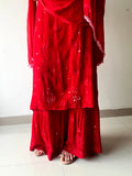 Blood red premium georgette 3-piece set with intricate Chikankari embroidery by LVW Fashion, elegant and luxurious traditional attire.