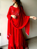 Blood red premium georgette 3-piece set by LVW Fashion with intricate chikankari embroidery, luxurious and elegant ensemble.