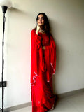 Blood red premium georgette 3-piece set by LVW Fashion with intricate chikankari embroidery, luxurious and elegant for special occasions.