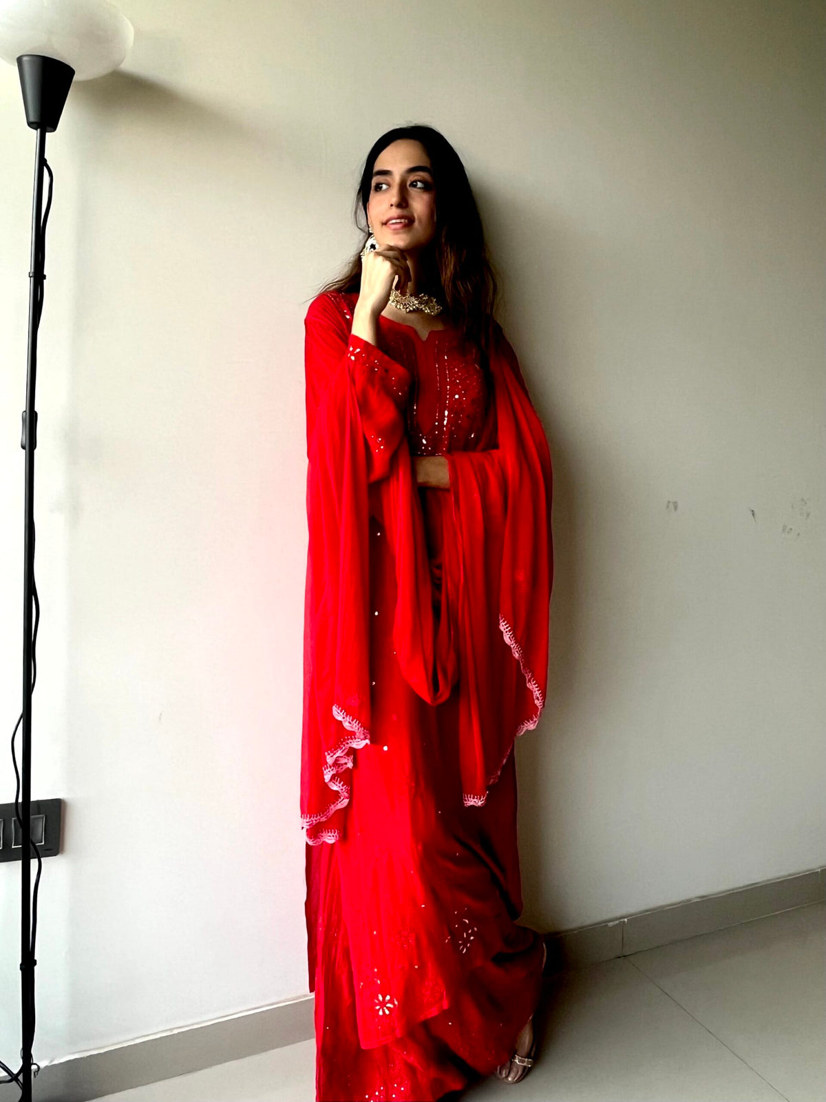Blood red premium georgette 3-piece set by LVW Fashion with intricate chikankari embroidery, luxurious and elegant for special occasions.