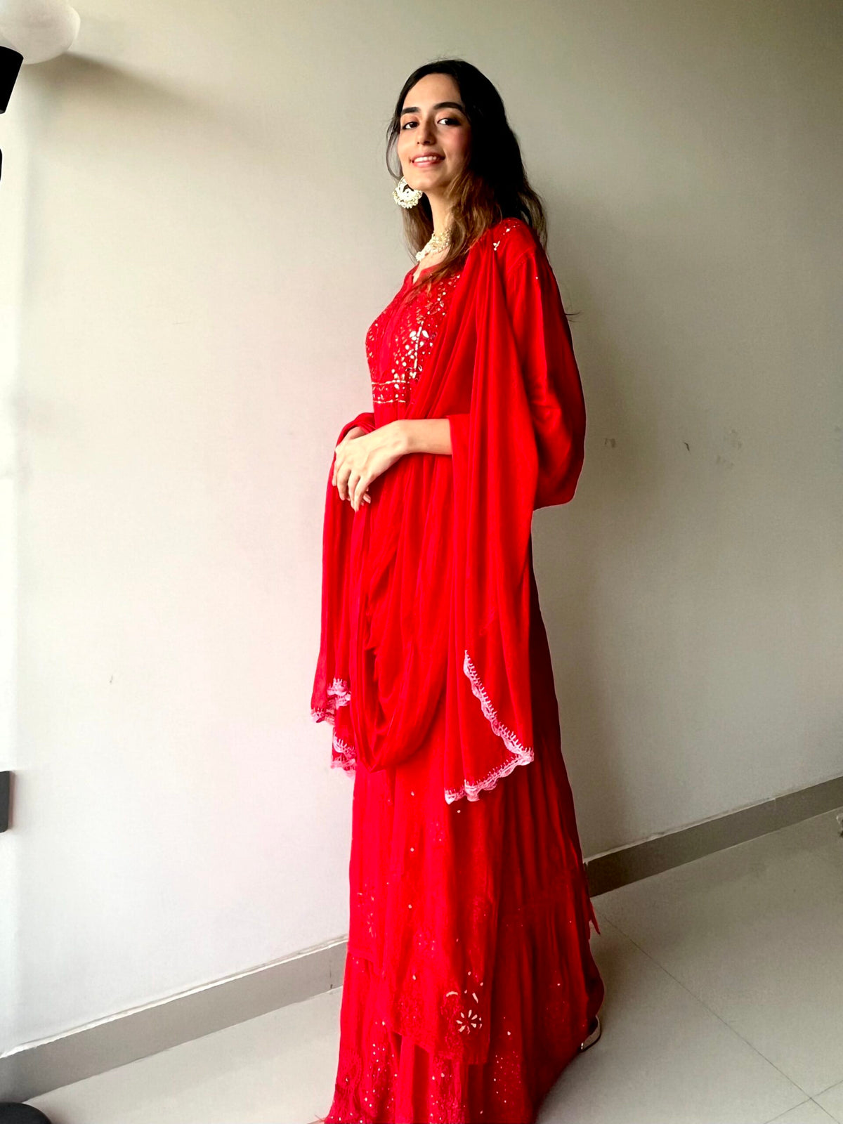 Blood red premium georgette 3-piece set by LVW Fashion with intricate chikankari embroidery, luxurious and elegant for special occasions.