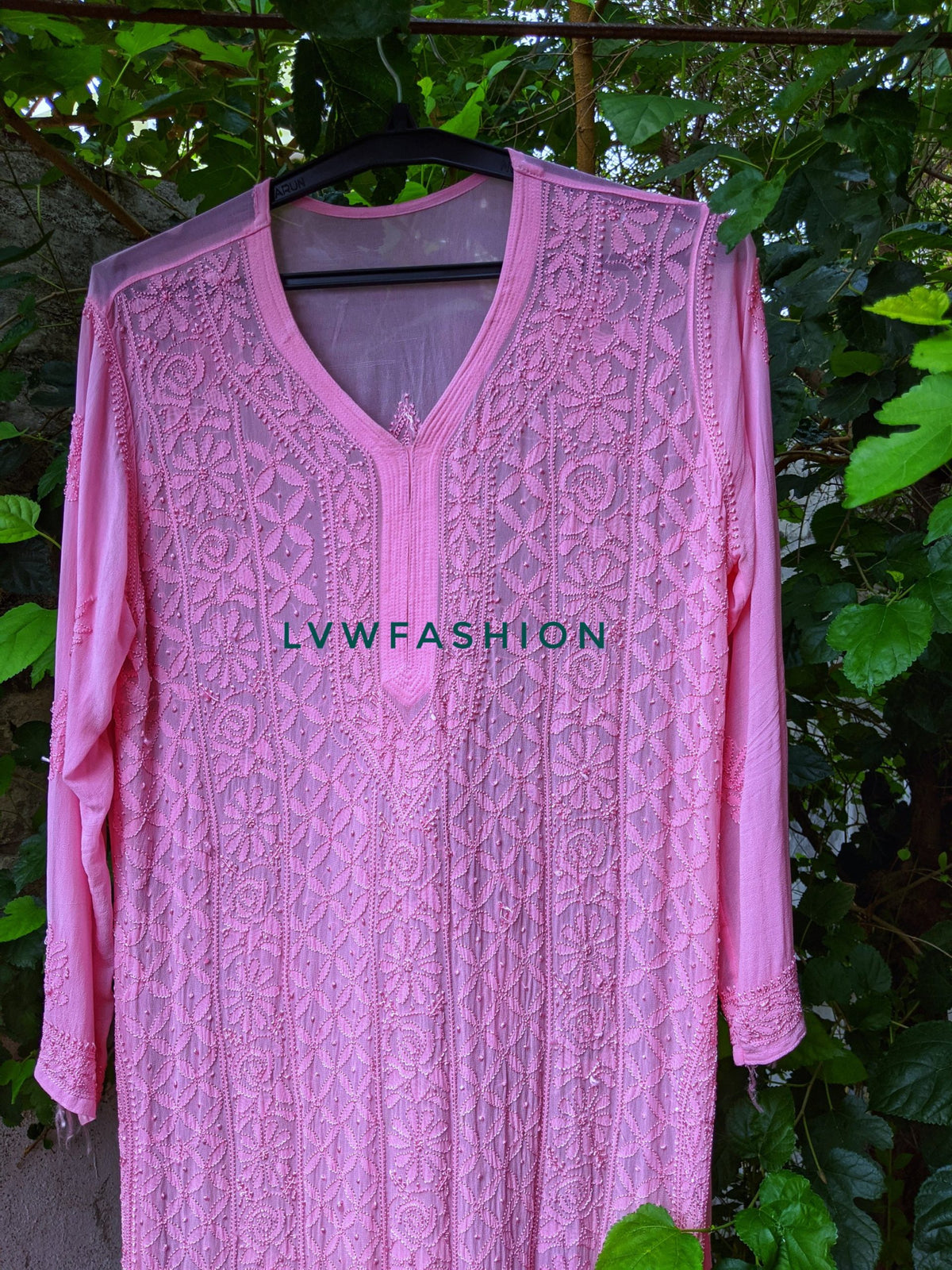 Bright pink premium georgette long kurta with slip from LVW Fashion Luxurious Chikankari, featuring intricate embroidery and flowy fabric.