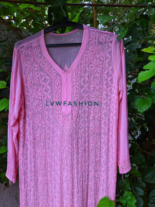 Bright pink premium georgette long kurta with slip from LVW Fashion Luxurious Chikankari, featuring intricate embroidery and flowy fabric.