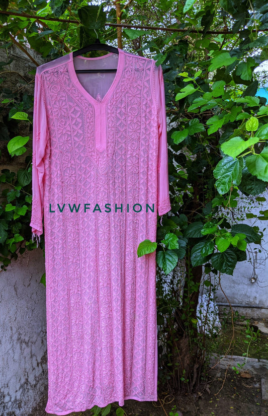 Bright pink premium georgette long kurta with slip and intricate chikankari embroidery by LVW Fashion Luxurious Chikankari.