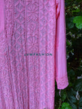 Bright pink premium georgette long kurta with slip from LVW Fashion Luxurious Chikankari, showcasing intricate embroidery and elegant design.