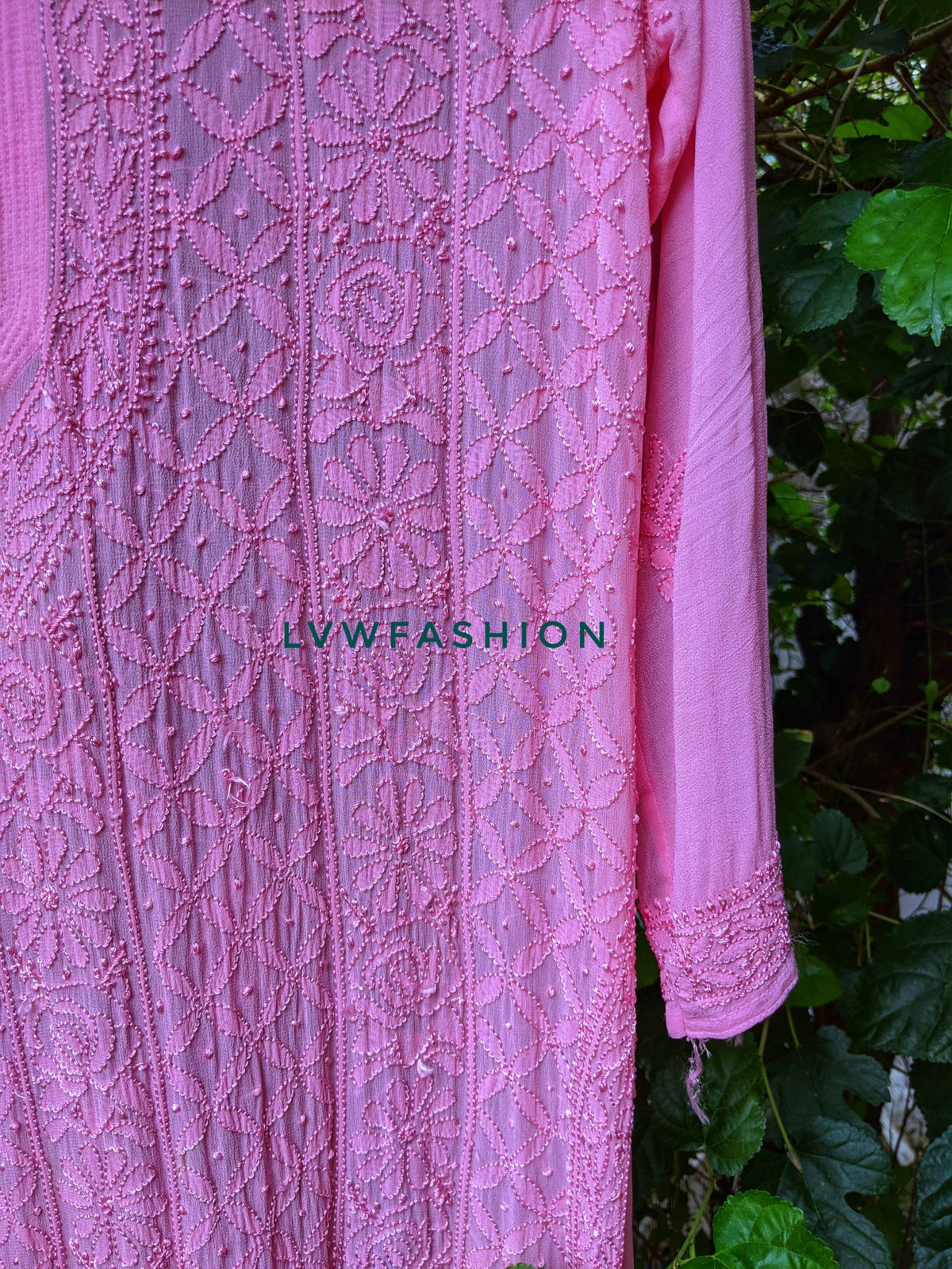 Bright pink premium georgette long kurta with slip from LVW Fashion Luxurious Chikankari, showcasing intricate embroidery and elegant design.