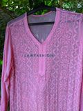 Bright pink premium georgette long kurta with slip featuring intricate chikankari embroidery by LVW Fashion.