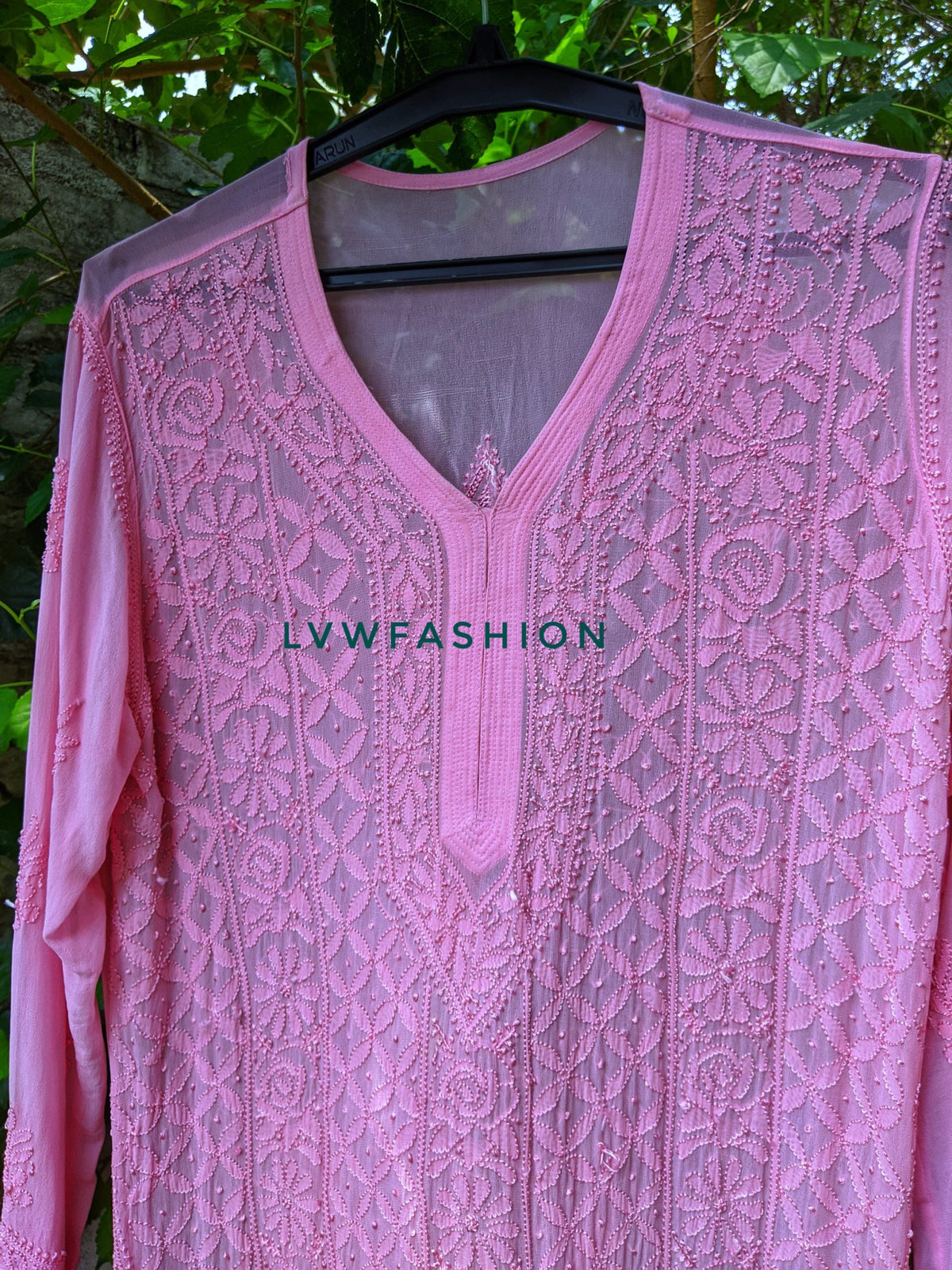 Bright pink premium georgette long kurta with slip featuring intricate chikankari embroidery by LVW Fashion.
