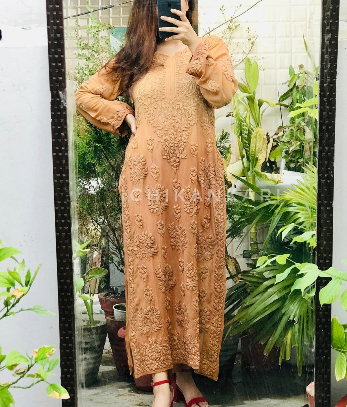 Brown Adaya Rang Long Chikankari Kurta with lining by LVW Fashion, featuring intricate embroidery and traditional design.