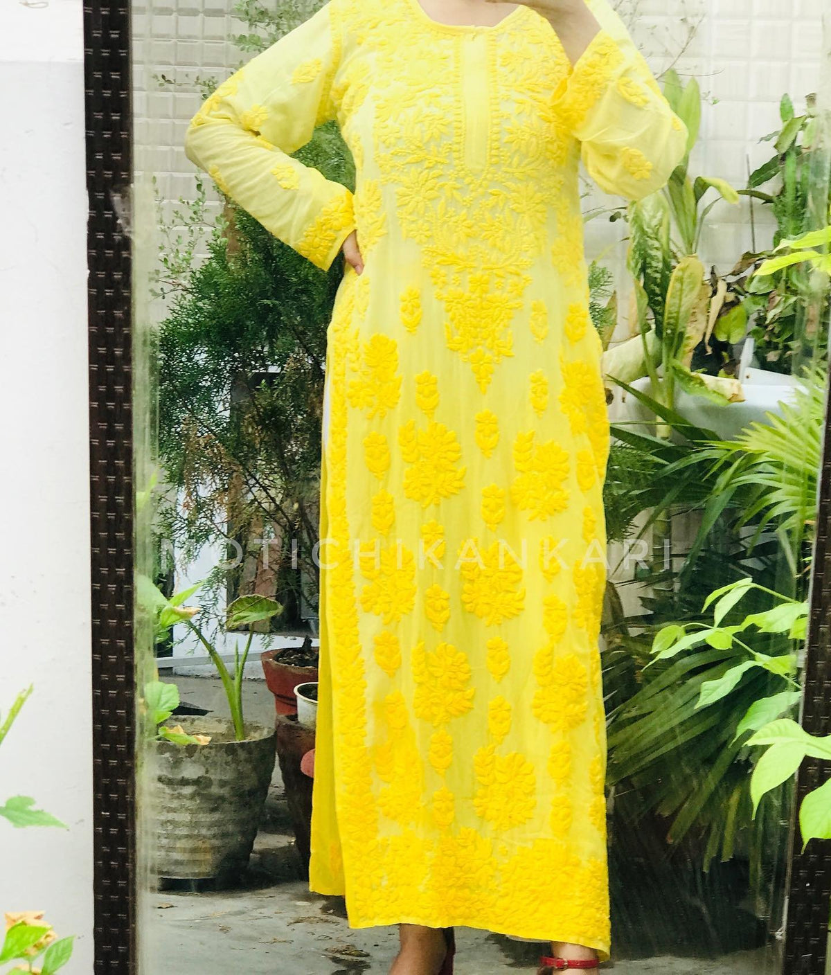 Brown Adaya Rang Long Chikankari Kurta with lining, handcrafted embroidery, by LVW Fashion Luxurious Chikankari.