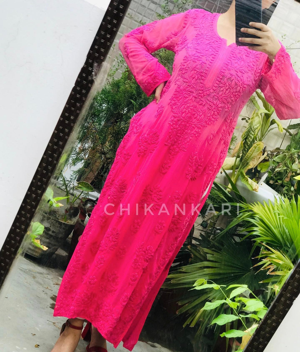 Brown Adaya Rang Long Chikankari Kurta with lining from LVW Fashion, showcasing intricate hand-stitched embroidery and traditional style.