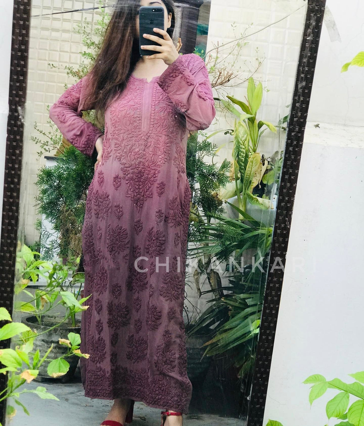 LVW Fashion Luxurious Chikankari Adaya Rang Long Kurta with lining, brown cotton fabric, detailed embroidery, and a long, elegant design.