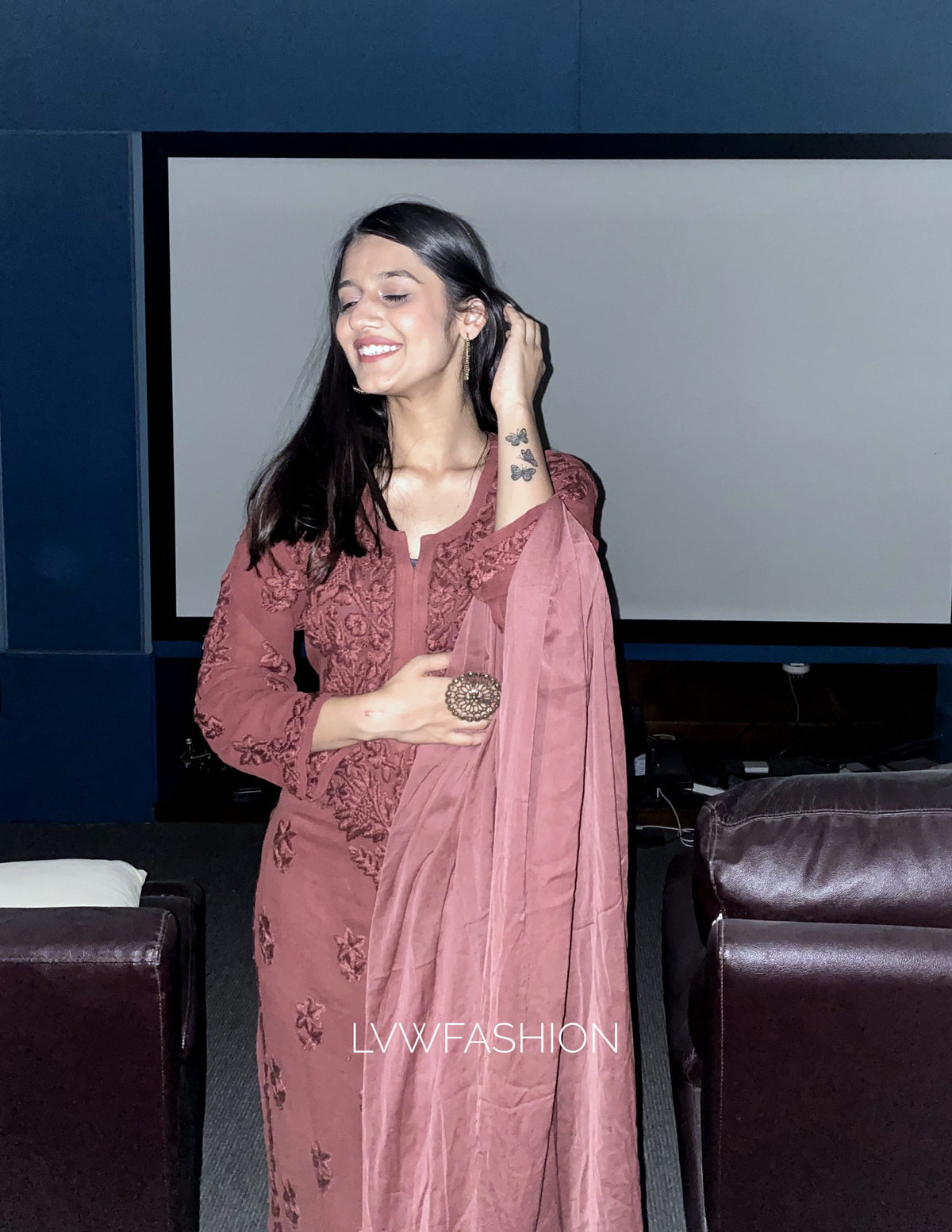 Premium brown Georgette long Chikankari kurta with silk inner by LVW Fashion, showcasing intricate embroidery and elegant design.