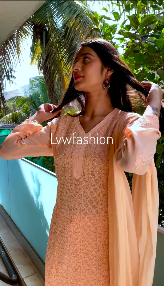 Carmine pink Resham premium georgette long Chikankari kurta with intricate embroidery and silk slip for elegant traditional wear.