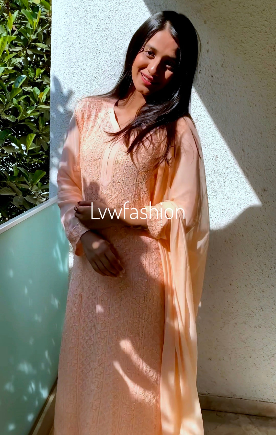 Carmine pink Resham premium georgette long Chikankari kurta with intricate embroidery and silk slip from LVW Fashion Luxurious Chikankari.