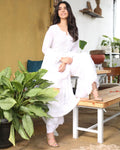 White georgette 3-piece set by LVW Fashion Luxurious Chikankari, featuring elegant, celebrity-inspired intricate design and luxurious look.