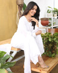 Celebrity-inspired white georgette 3-piece set by LVW Fashion Luxurious Chikankari, featuring elegant, luxurious design.
