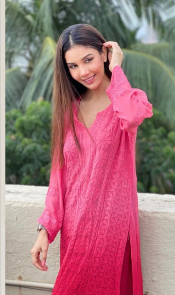 Celebrity-inspired LVW Fashion premium georgette long kurta with slip, featuring intricate chikankari embroidery and elegant design.