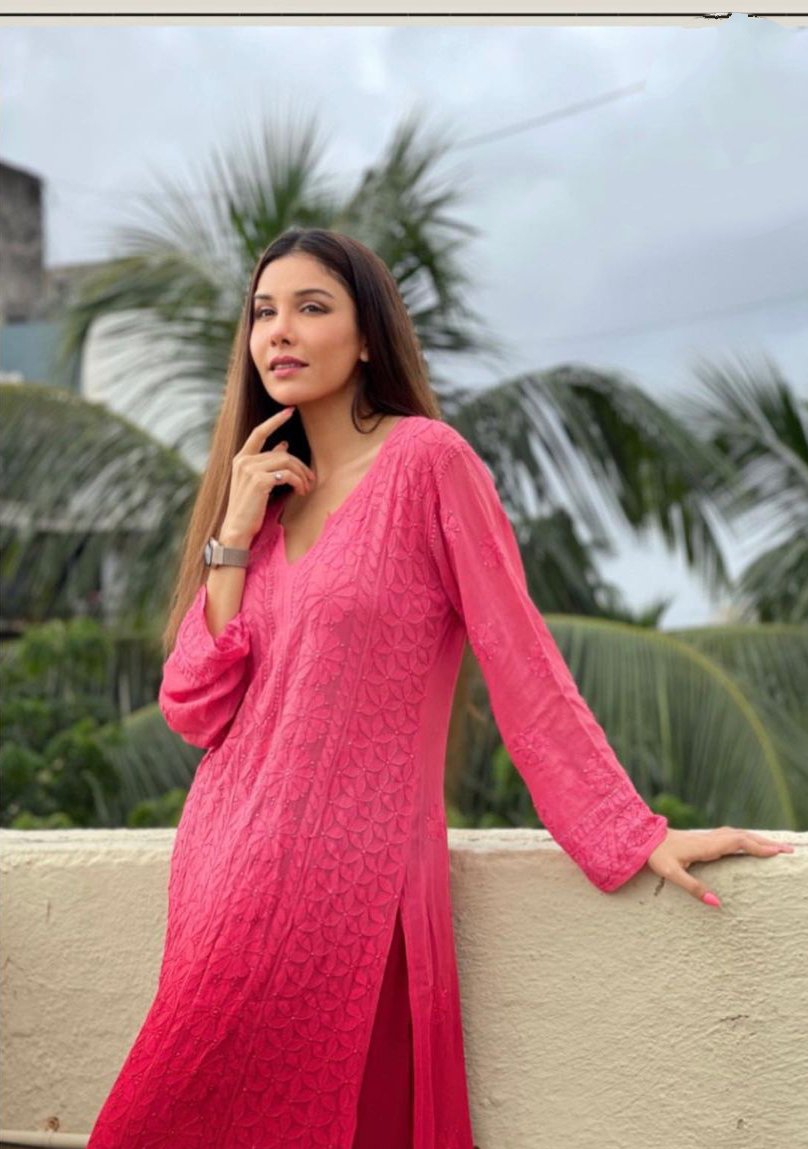 Celebrity-inspired premium georgette long kurta with slip by LVW Fashion, featuring intricate Chikankari embroidery.