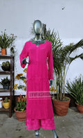 Hot pink celebrity-inspired co-ord set by LVW Fashion, premium georgette with silk slip, two-piece luxurious Chikankari ensemble.