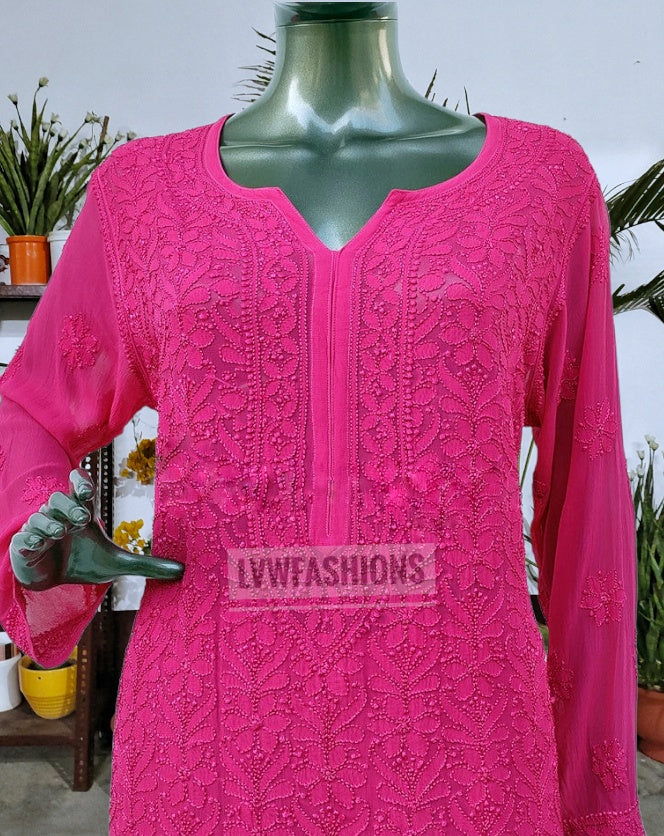 Hot pink celebrity-inspired co-ord set with premium georgette fabric and silk slip, stylish 2-piece by LVW Fashion Luxurious Chikankari