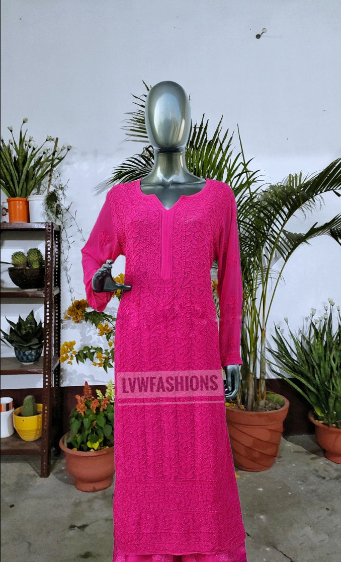 Hot pink celebrity-inspired co-ord set with premium georgette fabric and silk slip, featuring a two-piece design by LVW Fashion Luxurious Chikankari.