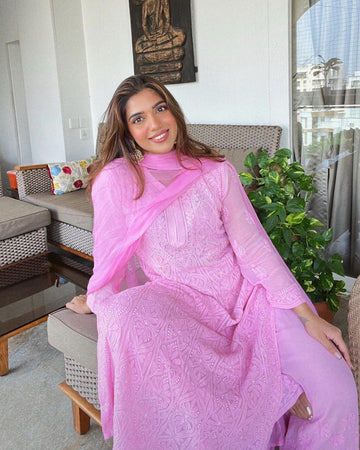 Pink Georgette Kurta set with Resham embroidery, celebrity-inspired look by LVW Fashion Luxurious Chikankari.
