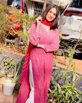 Celebrity-inspired premium georgette kurta with intricate chikankari embroidery and matching inner by LVW Fashion.