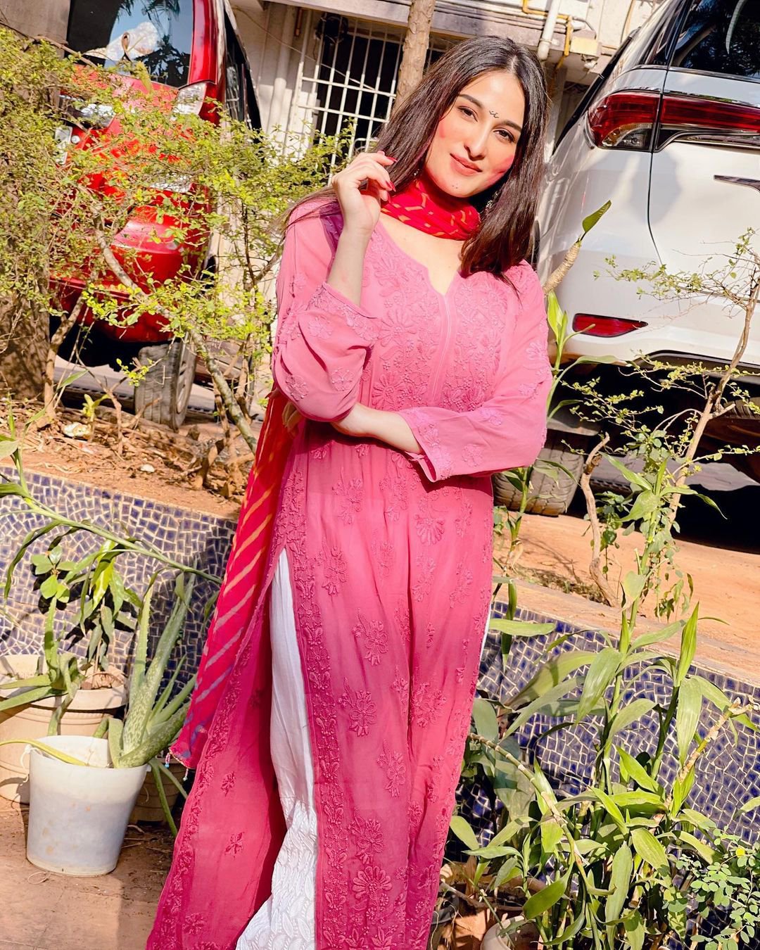 Celebrity-inspired premium georgette kurta with intricate chikankari embroidery and matching inner by LVW Fashion.