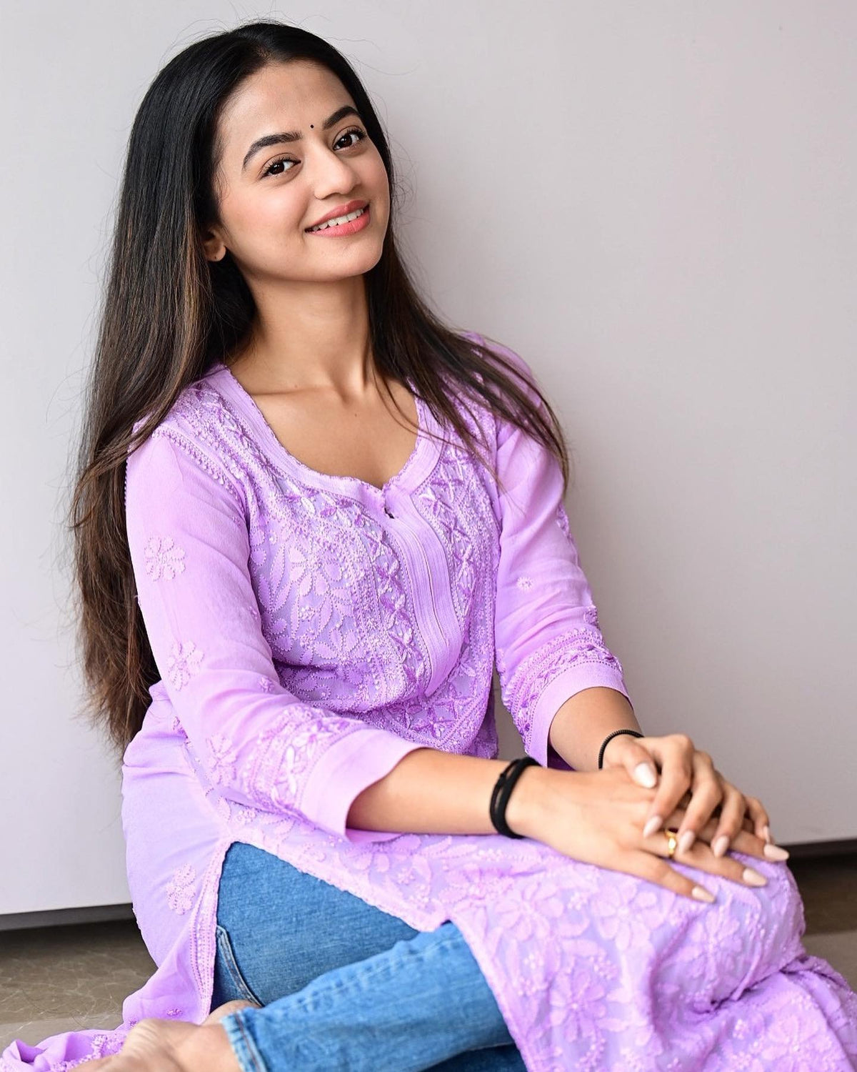 Celebrity inspired Resham embroidery Chikankari kurta with inner by LVW Fashion Luxurious Chikankari, detailed embroidery and elegant design.