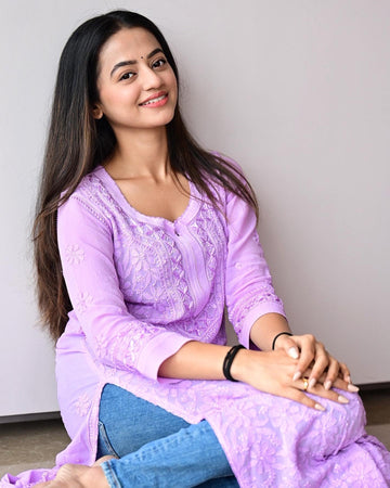 Celebrity inspired Resham embroidery Chikankari kurta with inner by LVW Fashion Luxurious Chikankari, detailed embroidery and elegant design.
