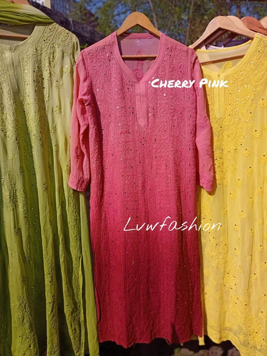 Lavender Gulab Si premium georgette kurta with intricate chikankari embroidery, paired with slip and dupatta by LVW Fashion.