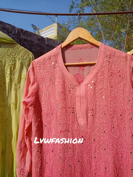 Lavender Gulab Si georgette kurta with intricate chikankari embroidery, paired with matching slip and dupatta by LVW Fashion.