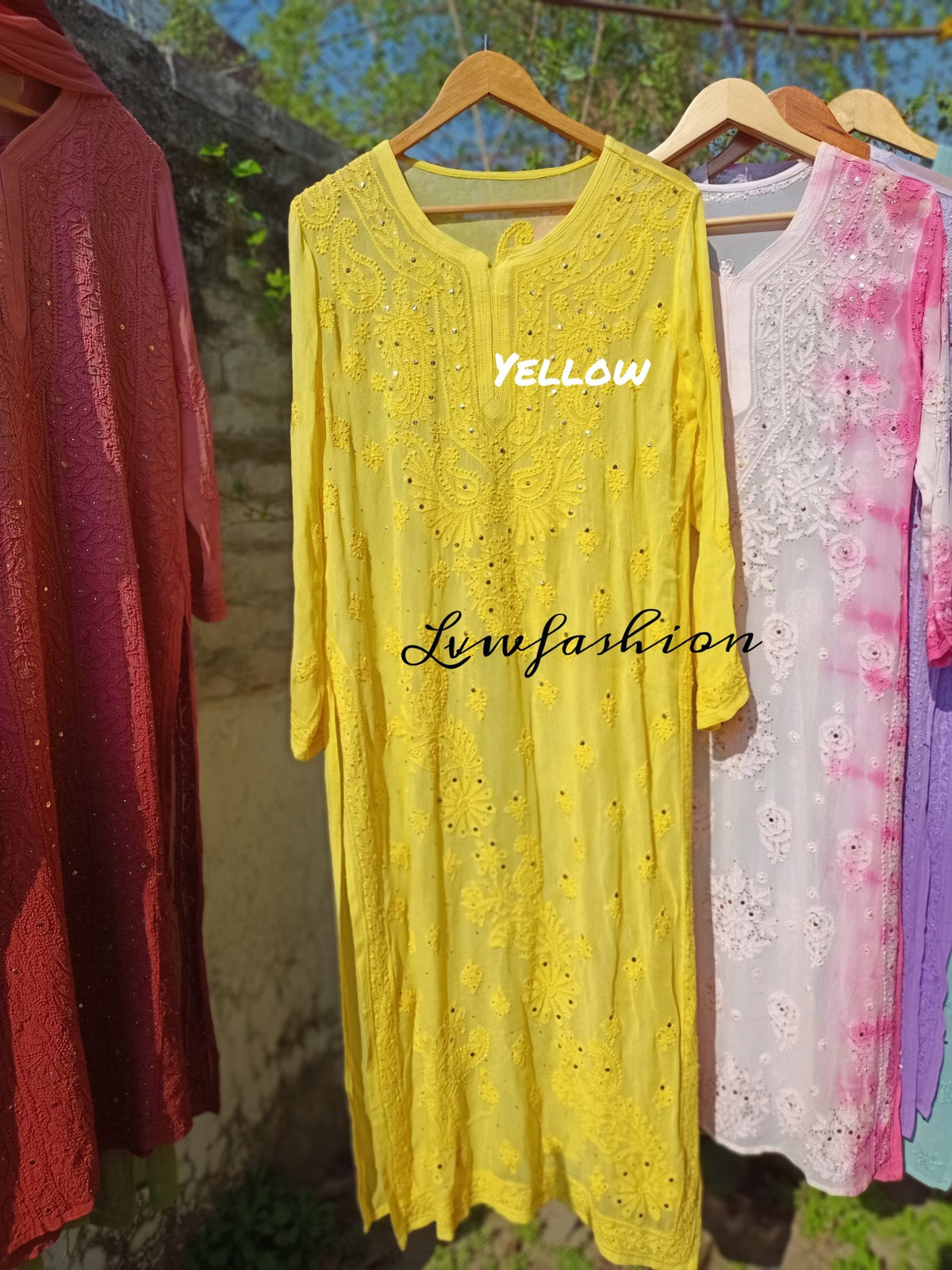 Cherry pink Gulab Si premium georgette kurta with slip and dupatta, embroidered by LVW Fashion Luxurious Chikankari.