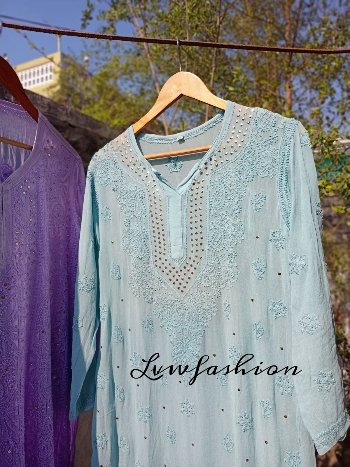 Cherry pink Gulab Si premium Georgette kurta with slip and dupatta, featuring intricate Chikankari embroidery by LVW Fashion.