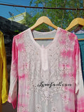 Cherry pink Gulab Si premium georgette kurta with slip and dupatta, featuring intricate chikankari embroidery by LVW Fashion.