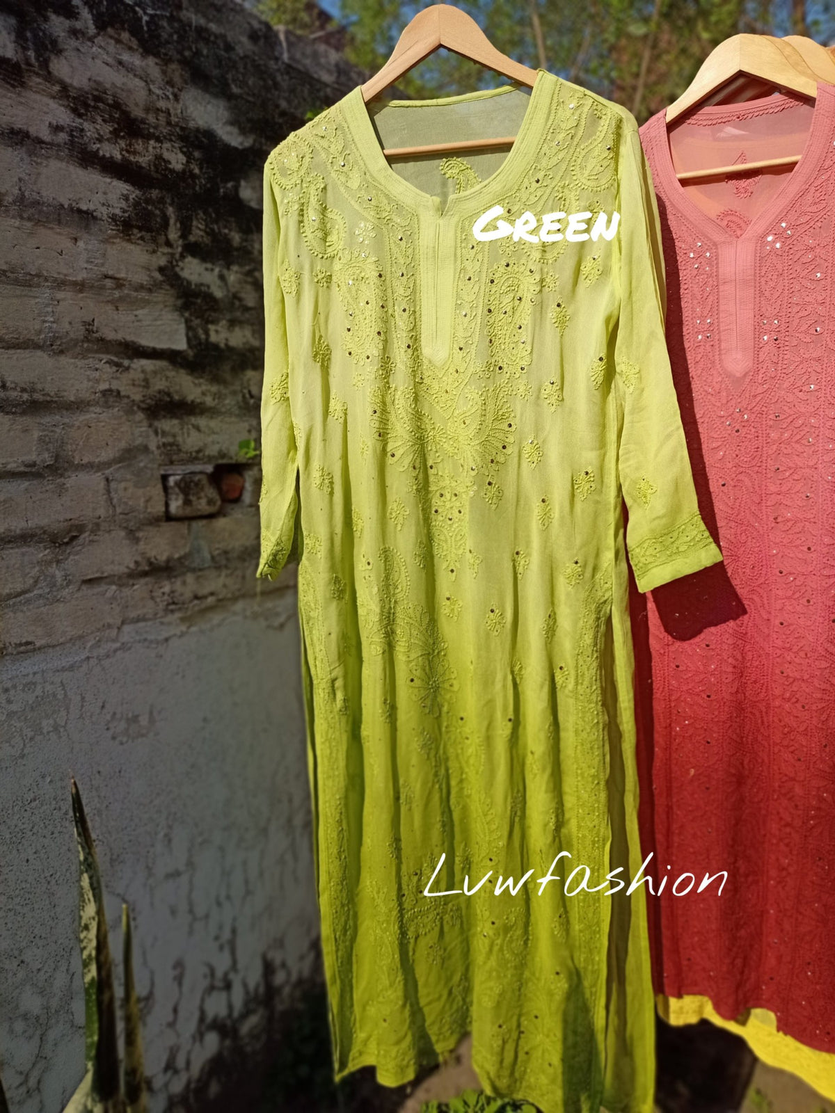 Cherry pink Gulab Si premium georgette kurta with chikankari embroidery, slip, and dupatta by LVW Fashion Luxurious Chikankari.