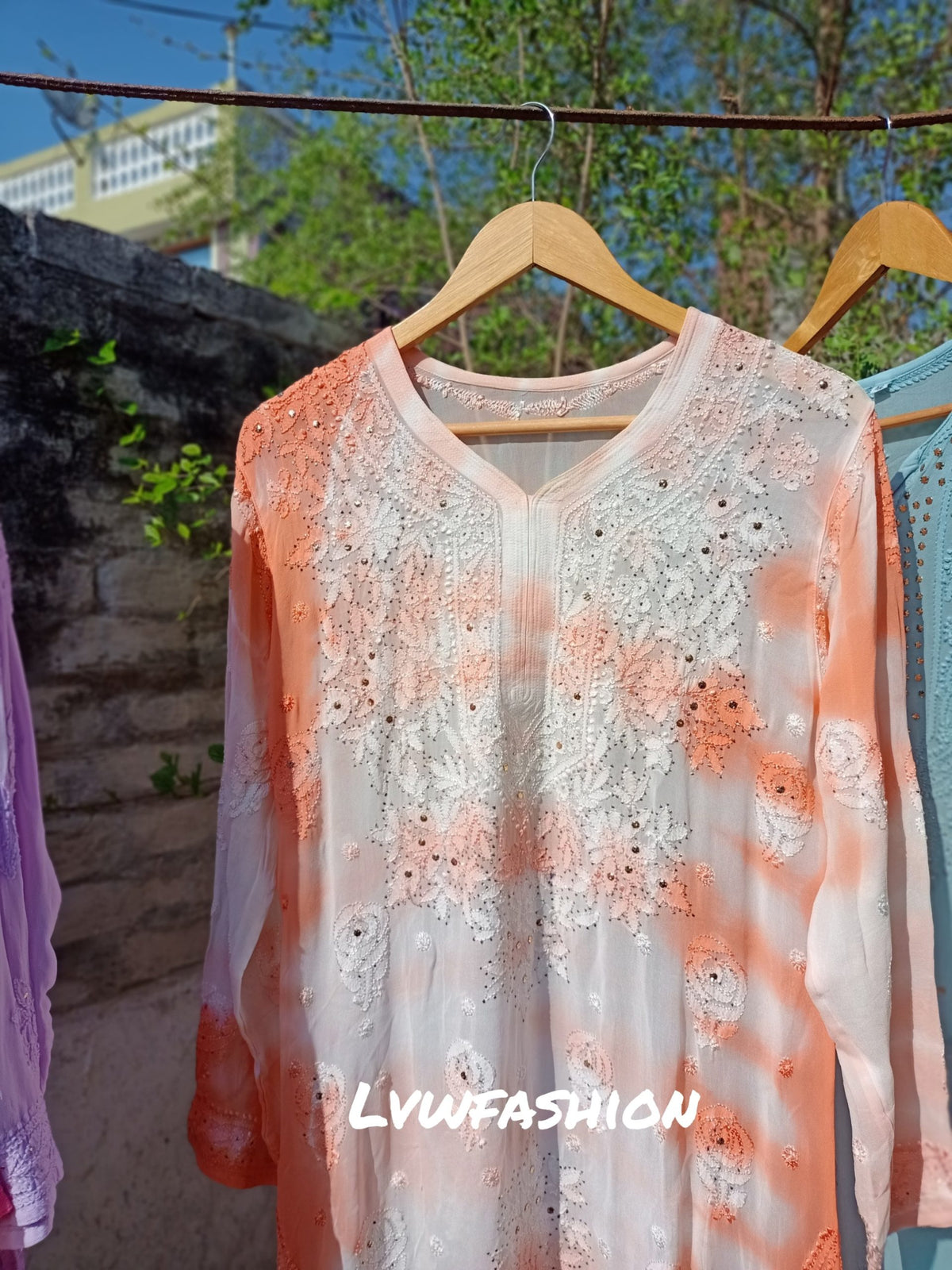 Cherry pink Gulab Si premium georgette kurta with slip and duptta, featuring intricate Chikankari embroidery by LVW Fashion.