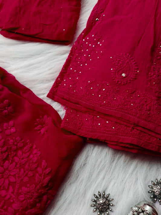 Cherry red premium georgette Gharara Chikankari set by LVW Fashion, featuring intricate hand-stitched embroidery and traditional design.