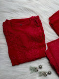 Cherry red premium georgette Gharara Chikankari set by LVW Fashion with intricate hand embroidery and traditional design.
