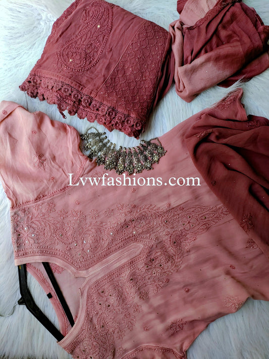 Chocolate Cosmos Premium Georgette Ombre Dyed 3-piece set by LVW Fashion, featuring luxurious Chikankari embroidery and elegant design.
