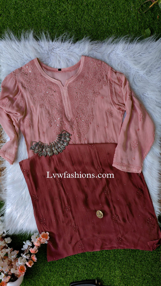 LVW Fashion Chocolate Cosmos Premium Georgette Ombre Dyed 3-Piece Set with elegant Chikankari embroidery, luxurious and stylish.