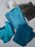 Blue georgette Chikankari Kurti set with intricate embroidery, designed for Christmas celebrations, by LVW Fashion Luxurious Chikankari.