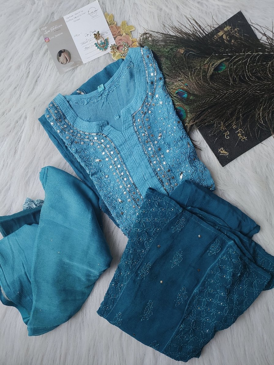 Blue georgette Chikankari Kurti set with intricate embroidery, designed for Christmas celebrations, by LVW Fashion Luxurious Chikankari.