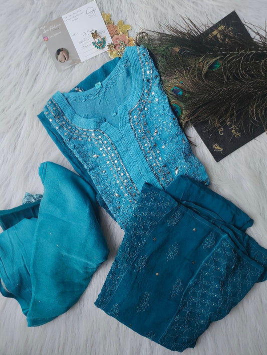 Blue georgette Chikankari Kurti set with intricate embroidery, designed for Christmas celebrations, by LVW Fashion Luxurious Chikankari.