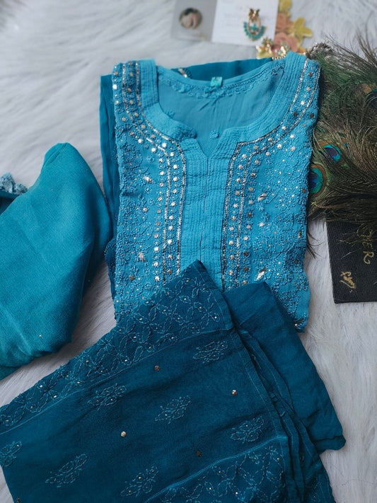 Blue premium georgette Chikankari Kurti set by LVW Fashion, featuring intricate embroidery and traditional design.
