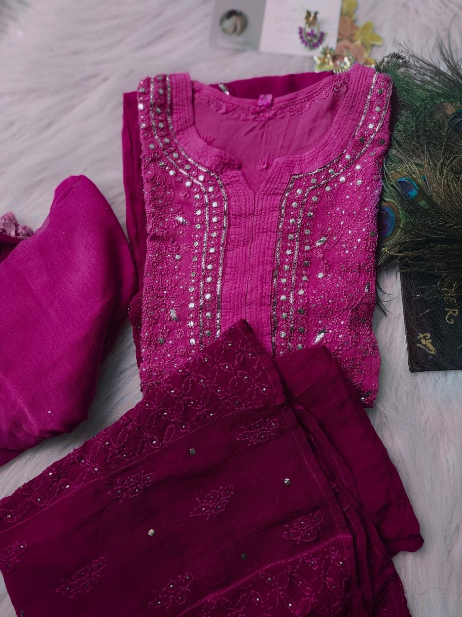 Christmas Blue premium georgette Chikankari Kurti set by LVW Fashion, featuring intricate embroidery and elegant fabric.