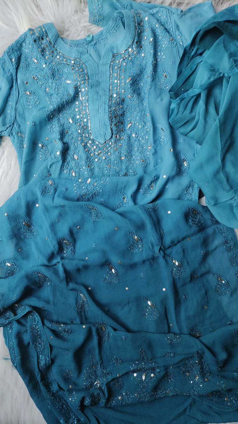 Blue premium georgette Chikankari Kurti set with intricate embroidery, designed by LVW Fashion, perfect for festive occasions.